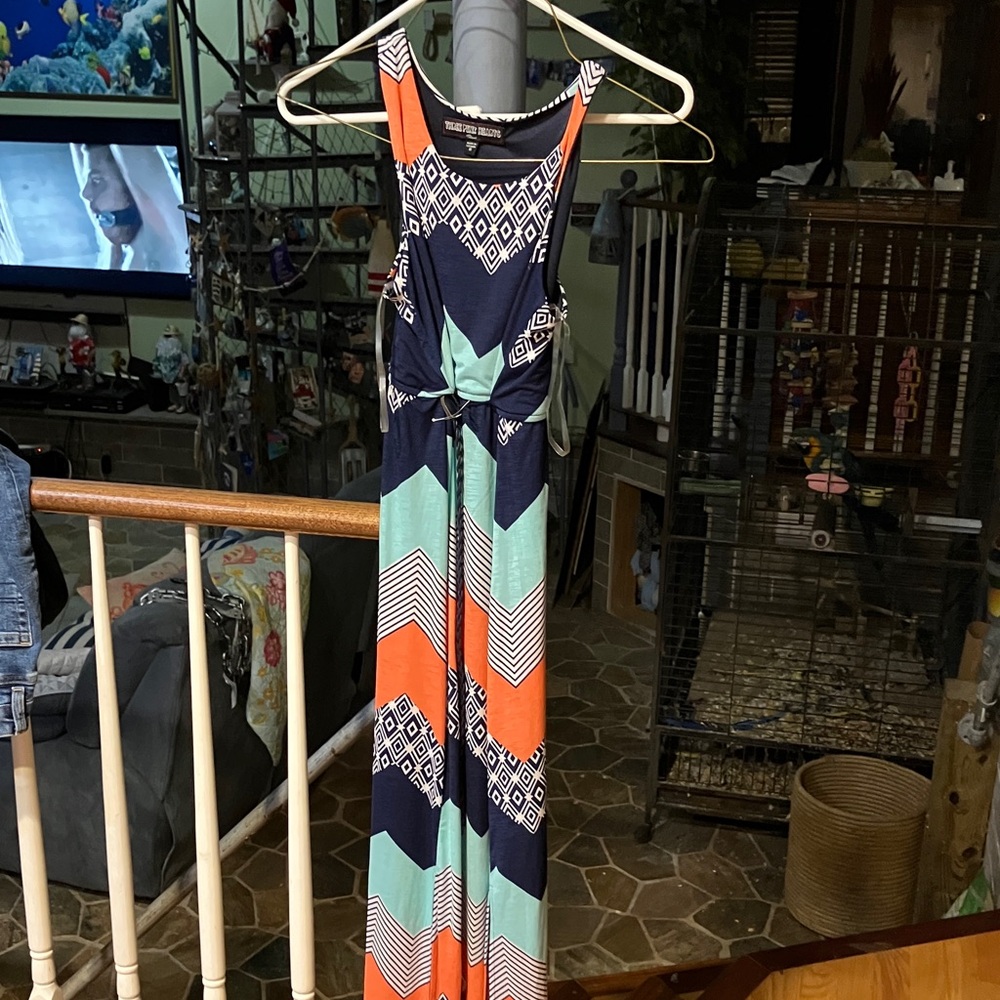 Three Hearts Asymmetrical Dress in Navy, Orange, and Mint